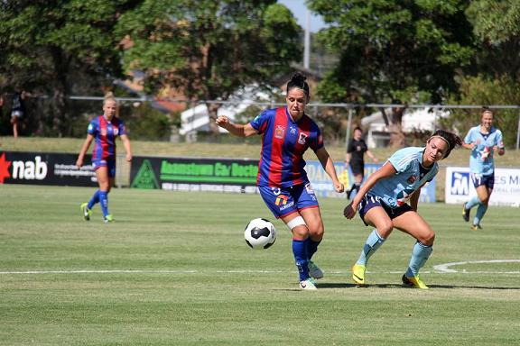 Ciara up against Jodie Taylor in Newcastle Jets' game with Sydney FC this month. Photo: Darcy O'Loghlen