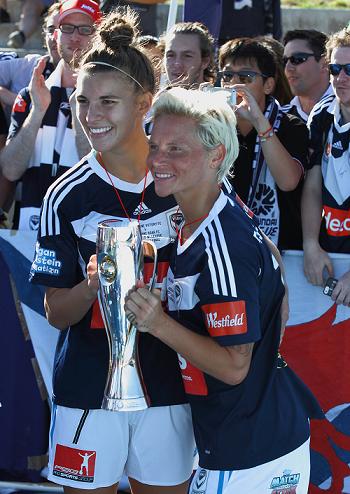 Steph alongside Jess Fishlock after Melbourne Victory's W-League success in February. Photo: Jason Heidrich Photography / http://jasonheidrichphoto.wix.com/jasonheidrichphoto