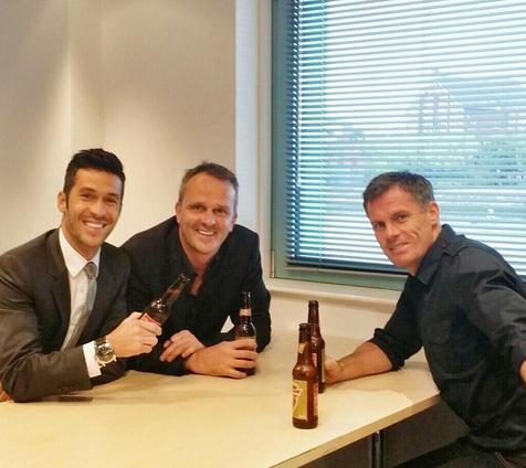 Luis alongside ex-Liverpool teammates Dietmar Hamann (centre) and Jamie Carragher (right). Photo: @LuchoGarcia14