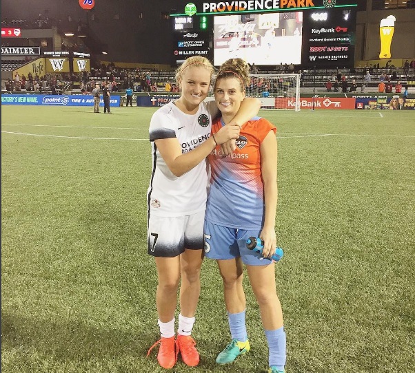 'Frick and Frack': Lindsey (left) and Cari Roccaro after Portland Thorns v Houston Dash this season. instagram.com/lindseyhoran11