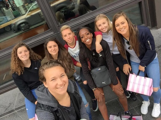 Dominique (far left) and some of her Arsenal teammates in America this year for their friendly with Seattle Reign.