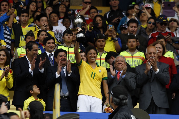 Brazil's forward Pretinha celebrates after scoring against USA during a  gold medal women soccer game for